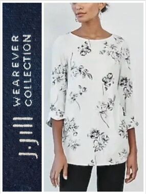 J. Jill Tunic Top Black Ivory Floral 3/4 bell sleeves stretch casual office L